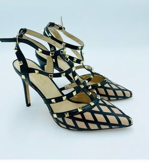 Catherine Malandrino Rock stud Caged Faux Leather Multi Strap ankle Heels Size 9